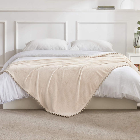 BEAUTEX Fleece Throw Blanket with Pompom Fringe, Beige Flannel Blankets and Throws for Couch, Super Soft Cozy Lightweight Plush Throw Blanket (50" x 60")