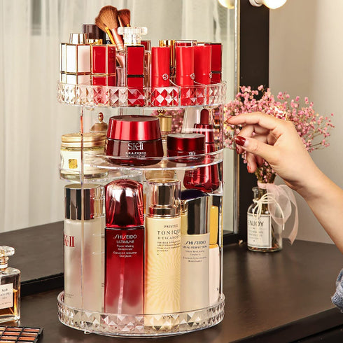 Rotating Cosmetic Storage and Organizer - 360° Spinning Clear Makeup Organizer with Adjustable Trays and Thicker Shelves for Bathroom, Powder room, Bedroom