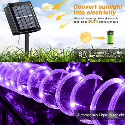 YEGUO Purple Solar Halloween Lights, 2 Pack Each 33ft 100 LED Rope Lights Outdoor Waterproof, PVC Tube Purple Fairy String Lights for Pool Balcony Tree Garden Yard Fence Party Halloween Decorations