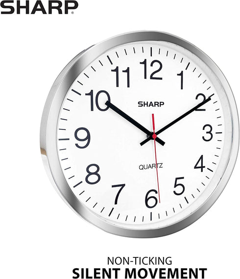 SHARP Wall Clock Silver/Chrome, Silent Non Ticking 12 Inch Quality Quartz Battery Operated Round Easy to Read Home/Kitchen/Office/Classroom/School Clocks, Sweep Movement