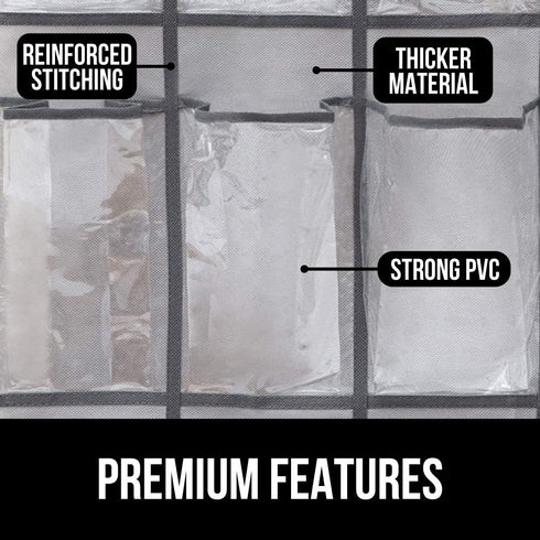 Gorilla Grip Crystal Clear Large 24 Pocket Shoe Organizer, Holds Up to 40 Pounds, Sturdy Hooks, Space Saving, Over Door, Storage Rack Hangs on Closets for Shoes, Sneakers or Accessories, Gray