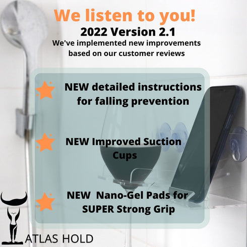 Atlas Hold Set of 2 - Beer/Wine and Phone Shower Holder | Shower Cup Holder | Beer Gifts & Bath Accessories | Bathtub Wine Glass Holder | Shower Phone Holder Suction Cup (Clear)
