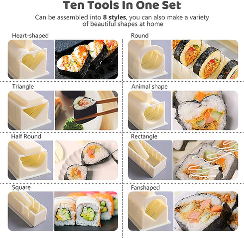 HI NINGER Sushi Making Kit Deluxe Edition Heart Sushi Mold Complete Sushi Maker Kit 12PCS Home Sushi Mold Press with 8 Sushi Rice Roll Mold Shapes 1 Fork 1 Spatula 1 Sushi Knife DIY Home Sushi Tool