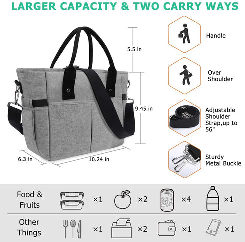 KIPBELIF Insulated Lunch Bags for Women - Large Tote Adult Lunch Box for Women with Shoulder Strap, Side Pockets and Water Bottle Holder, Gray, Normal Size