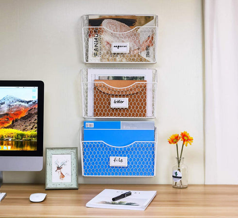 PAG 3 Pockets Hanging File Holder Wall Mount Mail Organizer Metal Chicken Wire Magazine Rack with Tag Slot, White