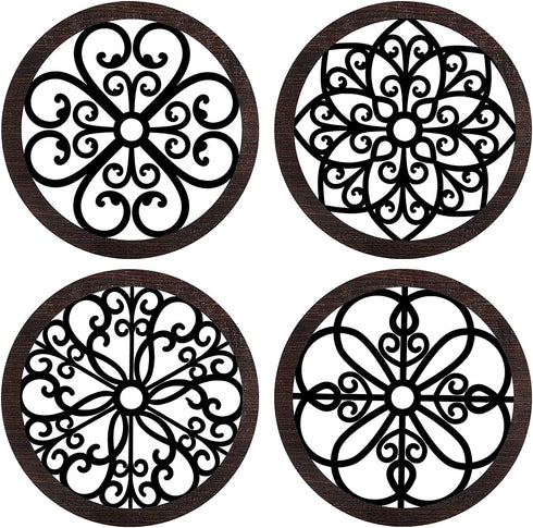 4 Pieces Thicken Rustic Wood Wall Decor Modern Farmhouse Wall Art Decor Wooden Hollow Carved Design Rustic Wall Art for Living Room Bedroom Office Kitchen Wall Decoration (Classic Style)