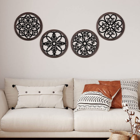 4 Pieces Thicken Rustic Wood Wall Decor Modern Farmhouse Wall Art Decor Wooden Hollow Carved Design Rustic Wall Art for Living Room Bedroom Office Kitchen Wall Decoration (Classic Style)