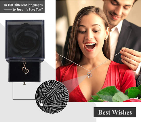 Floridliving Rose with Necklace,Preserved Rose with Heart I Love You Necklace 100 Languages Gift Set,Handmade Forever Rose Flower with Box for Valentine's Day,Wedding Gifts(Black)