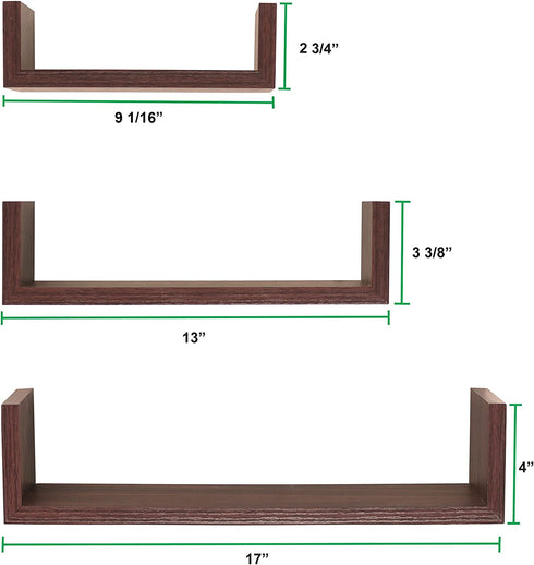 Greenco Set of 3 Floating œU? Shelves, Easy-to-Assemble Floating Wall Mount Shelves for Bedrooms and Living Rooms, Walnut Finish