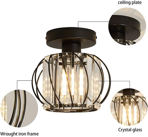 MHUYEIN Semi Flush Mount Ceiling Light Fixture, Crystal Chandelier, Retro Industrial Light for Kitchen Cafe Bar Bedroom Living Room Passway Hallway (Black)