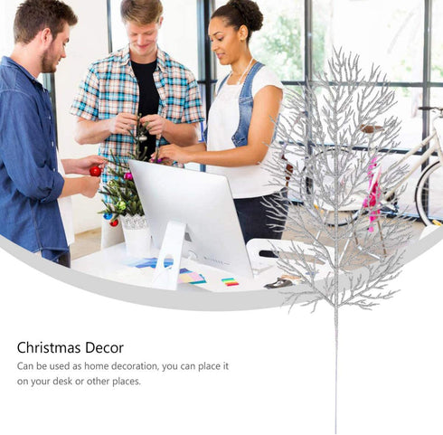 HEMOTON 12PCS Artificial Pine Branches Glitter Pine Needles Spray Stems Faux Cedar Spray Picks Greenery DIY Accessories for Christmas Holiday Winter Garden Decor Silver