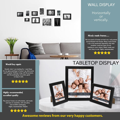 NEXHOMMY 8x10 Picture Frames Set - (2 Pack, Black) Solid Wood Photo Frame With Hanger Hooks For Wall Mount, Kickstand Easel For Table Top And High Definition Glass Display