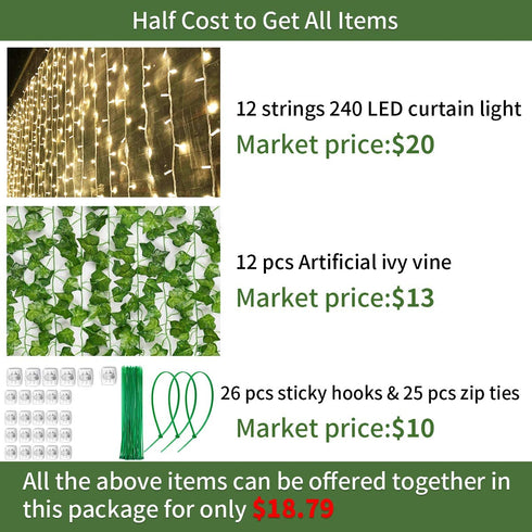KASZOO 12 Pack Artificial Ivy Leaf Plants with 240 LED Window Curtain String Lights, Fake Plants Vine Hanging Garland, Hanging for Wall Party Wedding Room Home Kitchen Indoor & Outdoor Decoration