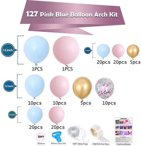 127Pcs Pastel Pink Blue Balloon Arch Garland Kit - Macaron Pink Blue Gold and Confetti Balloons for Birthday Baby Shower Gender Reveal Party Decorations