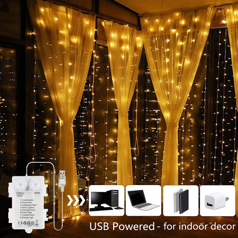 Curtain String Lights, Battery Operated & USB Powered 9.8x6.6Ft 200LED Hanging Christmas Fairy Lights with Timer & Waterproof Function for Outdoor Indoor Bedroom Wall Decor, Warm White