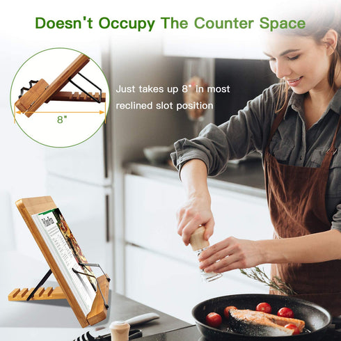 Bamboo Book Stand, Large Cookbook Holder Reading Book Holder with 5 Adjustable Height, Foldable Wooden Cooking Bookstand for Textbook, Receipe, Music Books, Tablet, Ipad by Pipishell (13.4" x 9.5")
