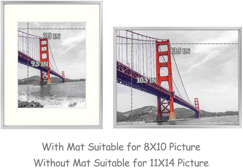 Frametory, 11x14 Aluminum Photo Frame with Ivory Color Mat for 8x10 Picture & Real Glass, Metal Picture Frame Collection (Silver, 1-Pack)