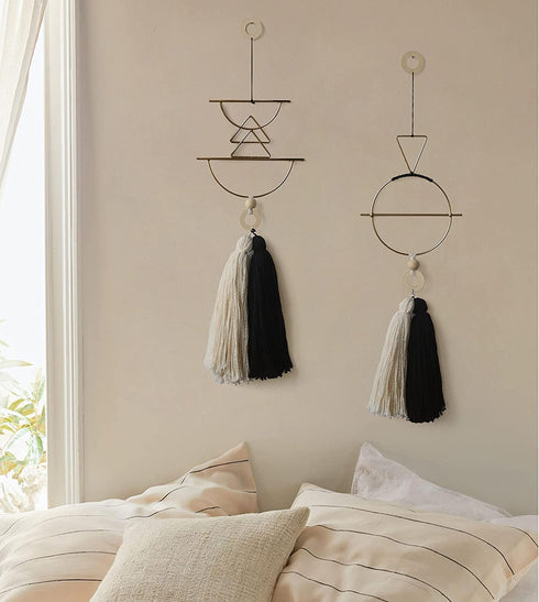 Boho Wall Decor Macrame Wall Hanging Yarn Wall Art Tassel Handmade Home Hanging Décor (Gold)