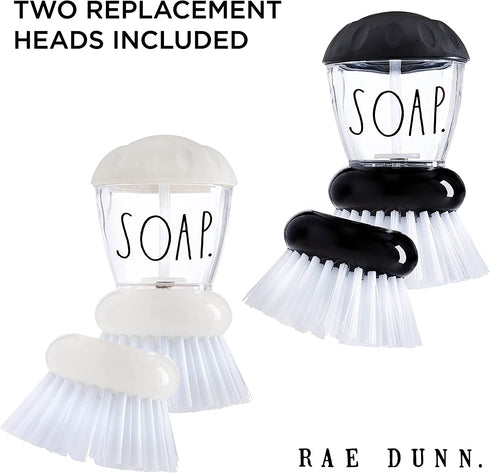 Rae Dunn Collection Soap Dispensing Dish Brush Set - Set of 2 Palm Brush Dish Scrubber with 2 Replacement Brush Heads