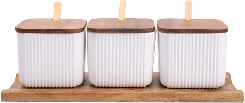 WUWEOT 3 Pack Porcelain Condiment Bowls Set, 12OZ White Ceramic Salt Bowl Condiment Jar Spice Container with Lids Spoons and Tray for Sugar, Serving Tea, Coffee, Spice, Salt
