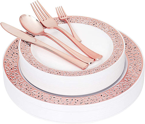 N9R 150pcs Rose Gold Plastic Plates with Disposable Plastic Silverware Set, Elegant Lace Dinnerware Sets Include 25 Dinner Plates, Dessert Plates, Forks, Knives, Spoons and Mini Forks