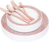 N9R 150pcs Rose Gold Plastic Plates with Disposable Plastic Silverware Set, Elegant Lace Dinnerware Sets Include 25 Dinner Plates, Dessert Plates, Forks, Knives, Spoons and Mini Forks