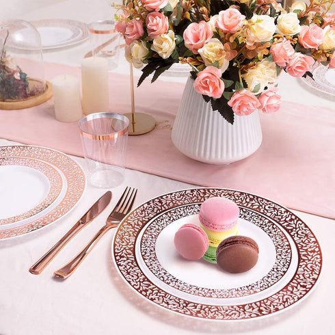 N9R 150pcs Rose Gold Plastic Plates with Disposable Plastic Silverware Set, Elegant Lace Dinnerware Sets Include 25 Dinner Plates, Dessert Plates, Forks, Knives, Spoons and Mini Forks