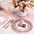 N9R 150pcs Rose Gold Plastic Plates with Disposable Plastic Silverware Set, Elegant Lace Dinnerware Sets Include 25 Dinner Plates, Dessert Plates, Forks, Knives, Spoons and Mini Forks