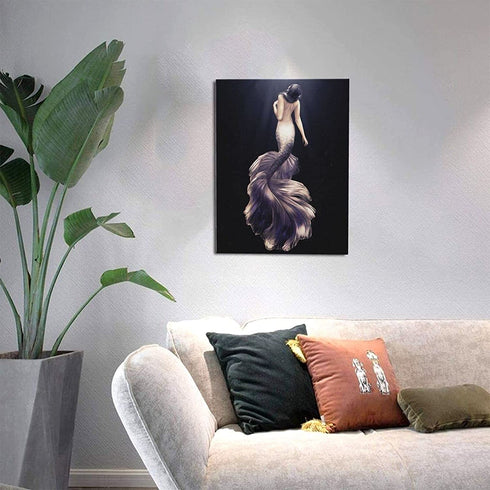 MountFlow Mermaid Bathroom Decor Wall Art Modern Fairy Artwork Fantasy Black and White Framed Decorations for Girl Room Purple Pictures Beautiful Poster Bedroom Living Room, 16 x 12 in