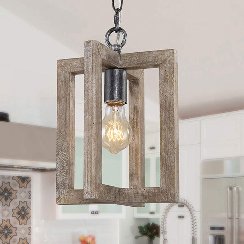 LALUZ Farmhouse Wood Pendant Lighting for Kitchen Island, Small Square Pendant Light Fixture for Bedroom, Kitchen Sink, Entryway, Dining Room, Foyer