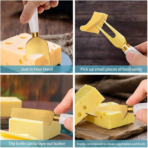 Funland 4PCs Gold Cheese Knife Spreader Set, Cute Butter Knife Slicer with Marble Handle, Cheese Spredering, Fruit Fork and Spatula for Jams - Cheese Board Accessories for Holiday, Weddings, Parties