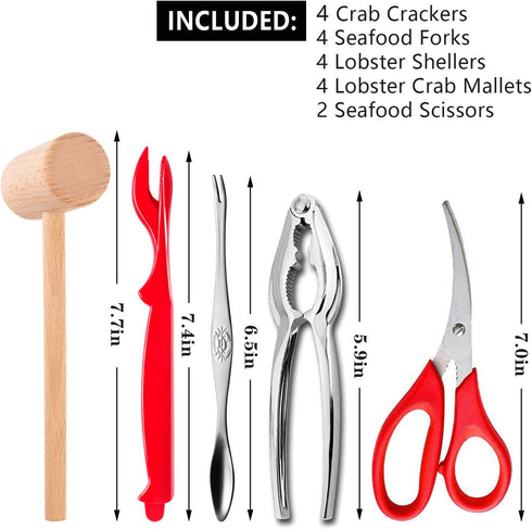 18 Pcs Seafood Tools Set including 8 Forks 4 Lobster Crackers Nut Cracker and 4 Lobster Crab Mallets 2 Seafood Scissors