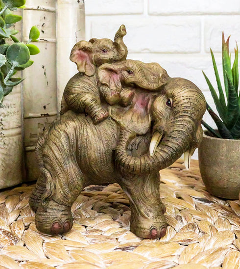 Ebros Small Wildlife Elephant Father and 2 Calves On Piggyback Playing Statue 5.25" Tall Resin Safari Elephants Family Figurine Sculpture Decor Gifts