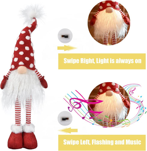 2021 Christmas Long Legs Gnome Decorations with Lights and Music , Handmade Xmas Standing Doll Ornaments, Scandinavian Santa Winter Party Decor, Holiday Figurine Gifts, 24 inch, Red