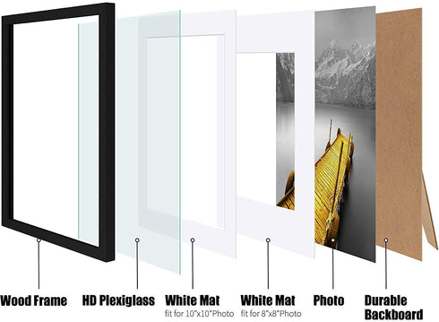 12x12 Picture Frames Black Solid Wood Display Pictures 10x10 or 8x8 with Mat or 12x12 without Mat - 12x12 Inch Square Photo Frames with 2 Mats for Wall or Tabletop Mount, 1 Pack