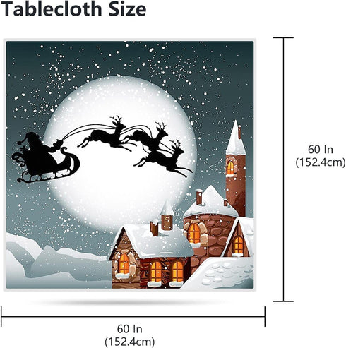 VVA Square Christmas Tablecloth, 60x60 Christmas Table cloth Winter Santa Claus Sleigh Snow Christmas Eve New Year Present and Stars Print Square Table Cloth for Family Kitchen Gatherings Dinner Decor