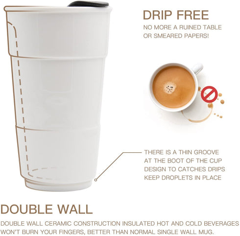 UDMG Ceramic Double Wall Insulated Travel Coffee Cup with Slider Lid, Silicone Sleeve & Built-In Coaster, 10 fl.oz (Coffee)