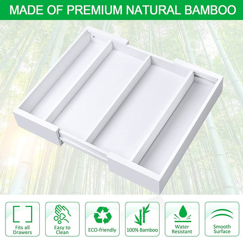 Bamboo Kitchen Drawer Organizer,Expandable Silverware Organizer,Utensil Holder and Cutlery Tray with 4 Adjustable Compartments,White