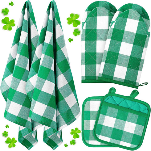 6 Pieces Christmas Buffalo Plaid Pot Holders Oven Mitts Dish Towels Set, Farmhouse Plaid Mitts Tea Towels Multipurpose Holder for Kitchen Cooking Baking Grilling Home Decoration (Green and White)