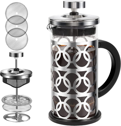 FAVIA French Press Coffee Maker 12oz Stainless Steel with Borosilicate Glass Heat Resistant 4 Level Filtration System for Brew Coffee & Tea Dishwasher Safe 350ml (12oz, Silver with Annular Pattern)