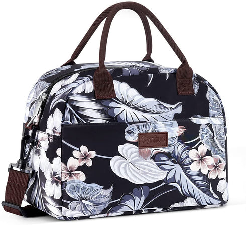 Syntus Insulated Lunch Bag for Women and Men Large Lunch Box with Pockets & Detachable Shoulder Strap for Work Picnic Travel Lunch Container (Black Lily)