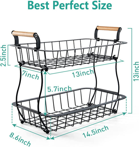 2 Tier Fruit Basket for Kitchen - Countertop Fruits Vegetable Bowl Detachable Metal Rectangular Wire Basket Stand Holder for Fruits Veggies Bread Snacks Organizer Storage