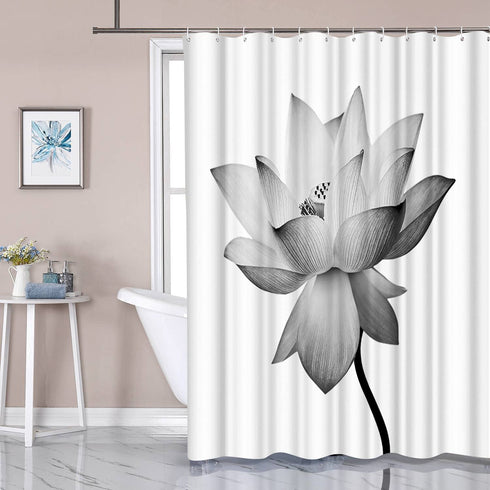 ArtBones Lotus Shower Curtain White Waterlily Elegant Flower Bathroom Shower Curtain Cloth Fabric with Hooks 72x72inch Black White (White Lotus)