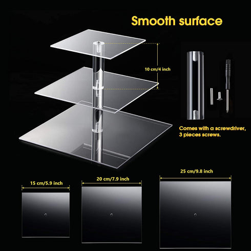 2 Pieces Cupcake Stand Including 1 Pieces Round Acrylic Cake Stand and 1 Pieces Square Cupcake Tower Stand Cupcake Holder Stand for Pastry Wedding Birthday Party (Transparent, 3-Tier)