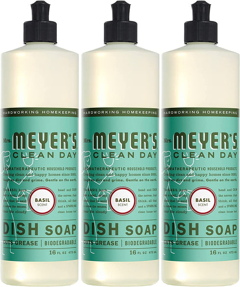 Mrs. Meyer's Dishwashing Liquid Dish Soap, Cruelty Free Formula, Basil Scent, 16 oz - Pack of 3