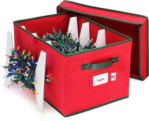StorageMaid Storage Festive Sturdy Xmas Lights Organizer Container for Stacking Christmas Decoration Box Equipped with a Secure Cover & Card Slot-12 x 17 x 10 in, Red
