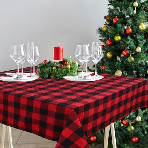 OurWarm Christmas Tablecloth Rectangle 60 x 84, Buffalo Plaid Tablecloth Rectangle, 100% Cotton Waterproof Black and Red Checkered Tablecloth for Dining Table, Buffet Party, and Christmas Table Decor