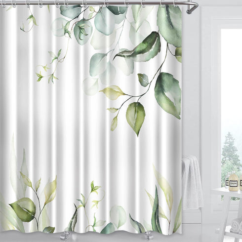 Green and White Shower Curtain Green Leaves Fabric Shower Curtains Botanical Themed Floral Shower Curtain for Bathroom Watercolor Leaf Shower Curtain Sets Waterproof with Hooks, 72? X 72?