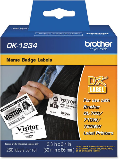 Brother Genuine DK-1234 Die-Cut Adhesive Name Badge White Paper Labels for Brother QL Label Printers, 2.3" x 3.4" (60mm x 86mm), 260 Labels per Roll, DK1234