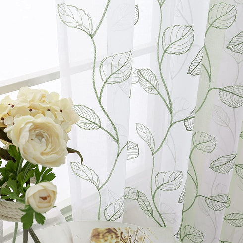 Topick Embroidered Sheer Curtains for Living Room Botanical Tile Sage Window Curtains Leaf Geometric Semi-Sheer Drapes for Bedroom Pole Top 2 Panels 63 inch